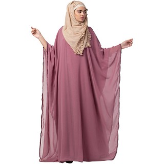 Double layered kaftan abaya with piping at border- Pink